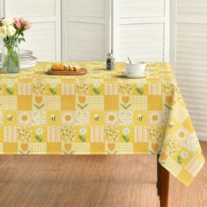 Horaldaily Spring Tablecloth 60×140 Inch Rectangular, Polka Dot Plaid Daisy Tulips Yellow Washable Seasonal Table Cover for Party Picnic Dinner Decor