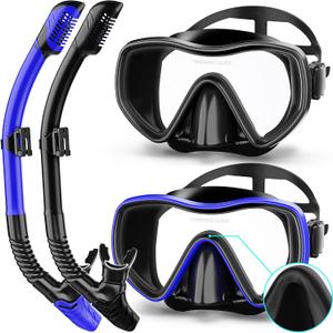 Snorkeling Gear for Adults, Dry Snorkel Set 180 Panoramic Wide View Anti-Fog Scuba Diving Mask, Professional Snorkel Gear for Free Breathing, Swimming, Diving (Black+Black Blue)