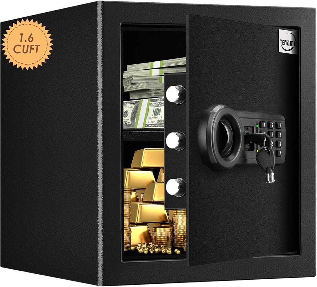 Tenamic Safe Box 1.6 Cuft Fireproof Waterproof Home Safe, Keypad Medium Lock Box Cabinet Safes, Solid Alloy Steel Office Hotel Home Safe, Black