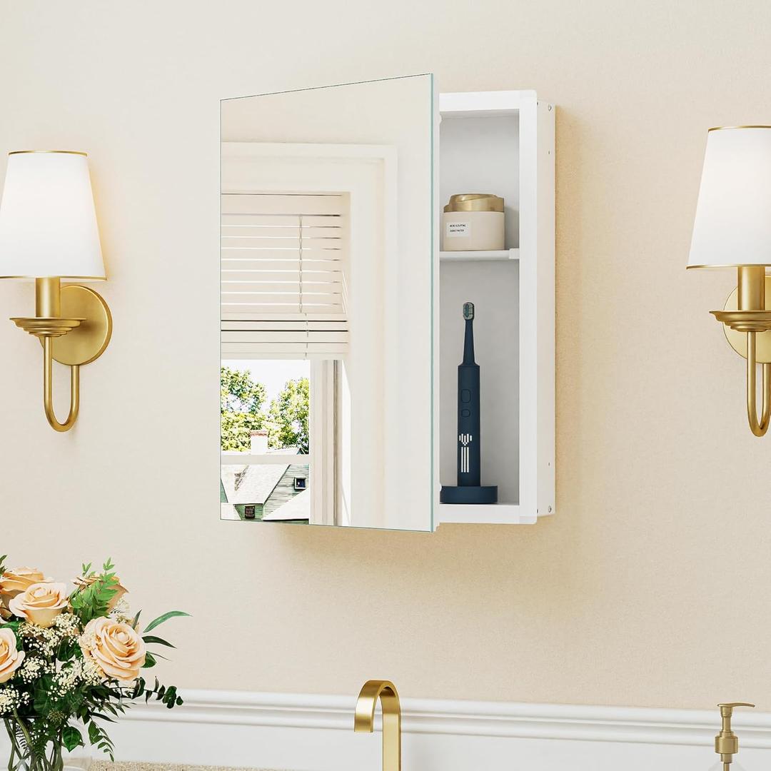 Keonjinn White Medicine Cabinet 14 x 18 Inch, Assembly Required, Mini Medicine Cabinet Mirror for Compact Bathroom, Free Adjustable Shelves, Wall Mount or Recessed, Tempered Glass
