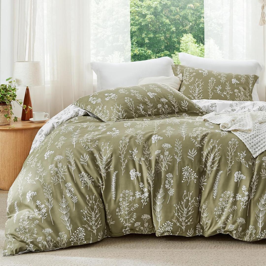 Bedsure Queen Comforter Set - Olive Green Bed Set, 3 Pieces Cute Floral Bedding, 1 Soft Reversible Botanical Flowers Comforter and 2 Pillow Shams