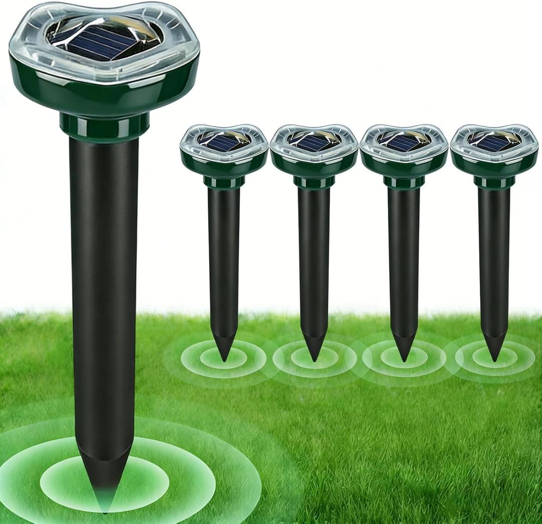 Mole Repellent Solar Powered, Ultrasonic Deterrent for Yard, Lawn and Garden, Repels Snake, Rabbit, Gopher, Chipmunk, Vole, Skunk, Deer, Raccoon & Armadillo, IP65 Waterproof Outdoor(4 Pack)