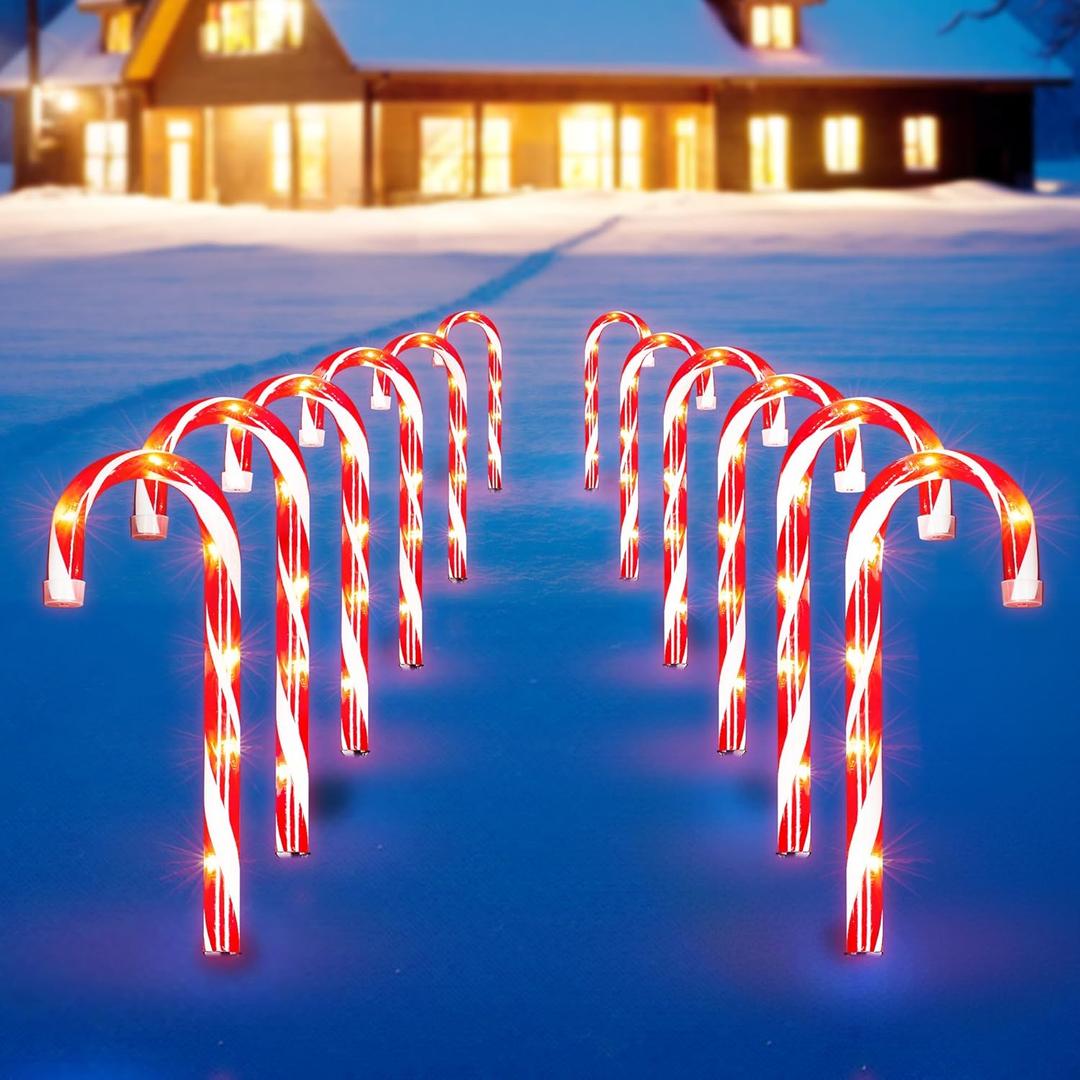 Christmas Candy Cane Lights 12Pcs Christmas Pathway Lights with 72 Count Incandescent Clear Lights, Connectable 12 Inch Pathway Makers Lights for Indoor Outdoor Walkway Patio Yard Lawn Decorations (Red)