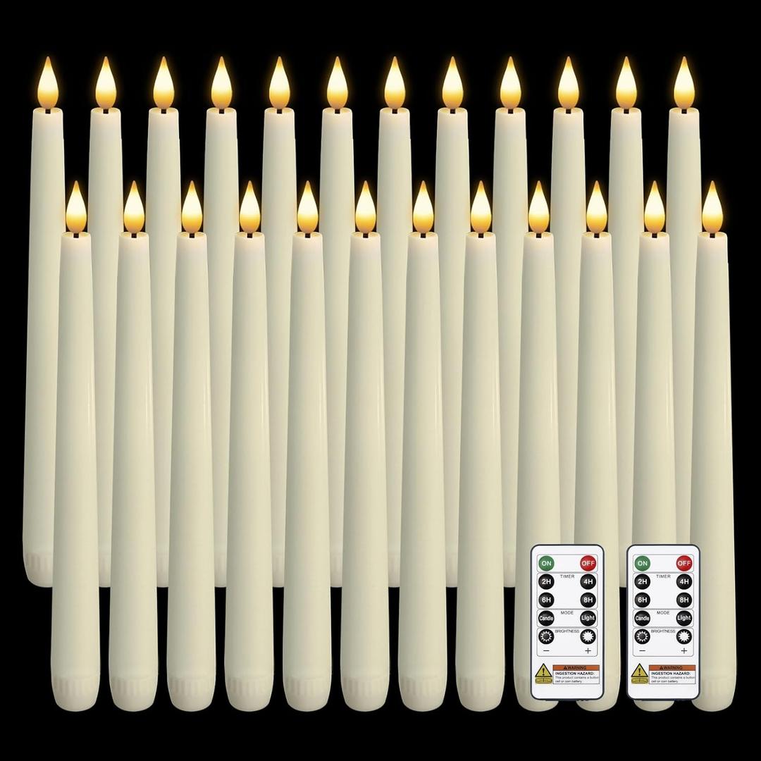 Homemory 24 Pcs Waxy Flameless Taper Candles with Remote, Led Flameless Candlesticks Classic Tall Candle, Flickering Battery Operated Taper Candles for Bedroom, Dining Room, Ivory, 9.6 inches
