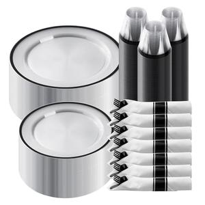 Goodluck 350 Piece Black Plastic Dinnerware Set for Party, Clear Disposable Plates for 50 Guests, Include: 50 Dinner Plastic Plates, 50 Dessert Plates, 50 Pre Rolled Napkins with Cutlery Set, 50 Cups