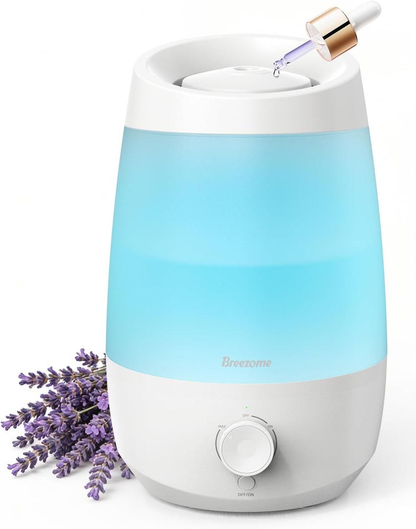 BREEZOME 2.5L Top Fill Humidifiers for Bedroom, 250ml/h Mist Output, 25hrs Humidifiers for Home, 7 Adjustable LED, Essential Oil Diffuser, 25dB Ultrasonic Humidifier for Baby and Indoor Plants, White