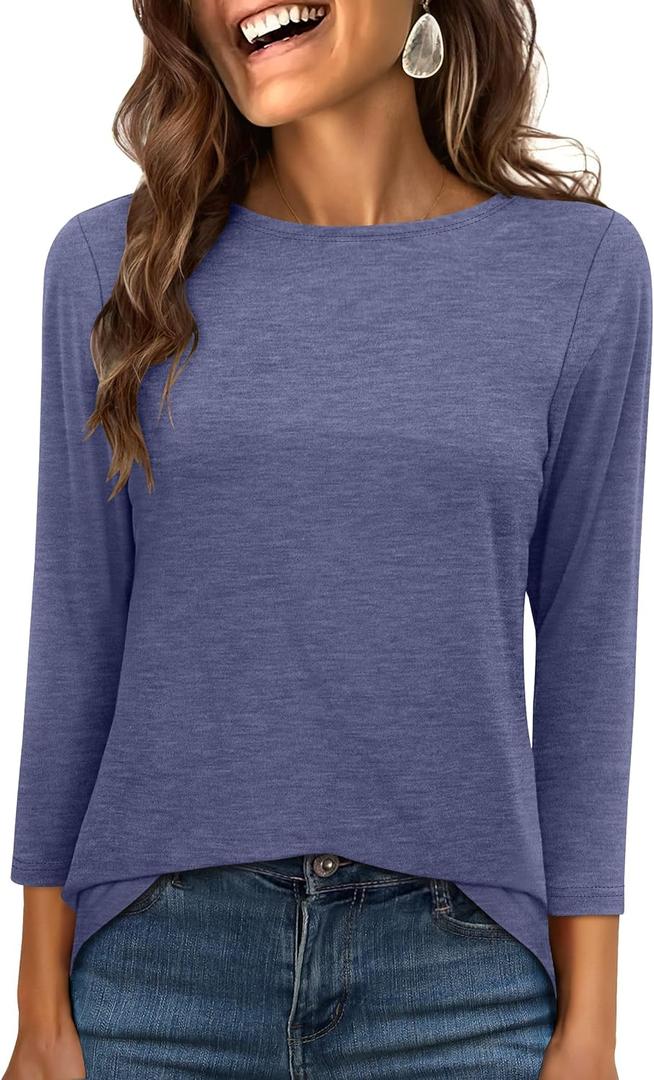 ANRABESS Womens 3/4 Length Sleeve Tops 2025 Summer Tee T-Shirts Boat Neck Tunic Travel Basic Blouses Fall Fashion Clothes (Large, Navy Blue)