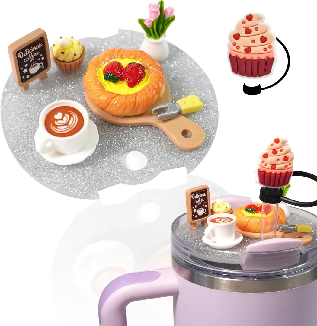 5 x Cup Lid Accessories for Stanley 40 Oz Cup With Silicone Straw Cap, Charms for Tumblers, Miniature Cake Pie & Coffee Decorations for Special Gifts