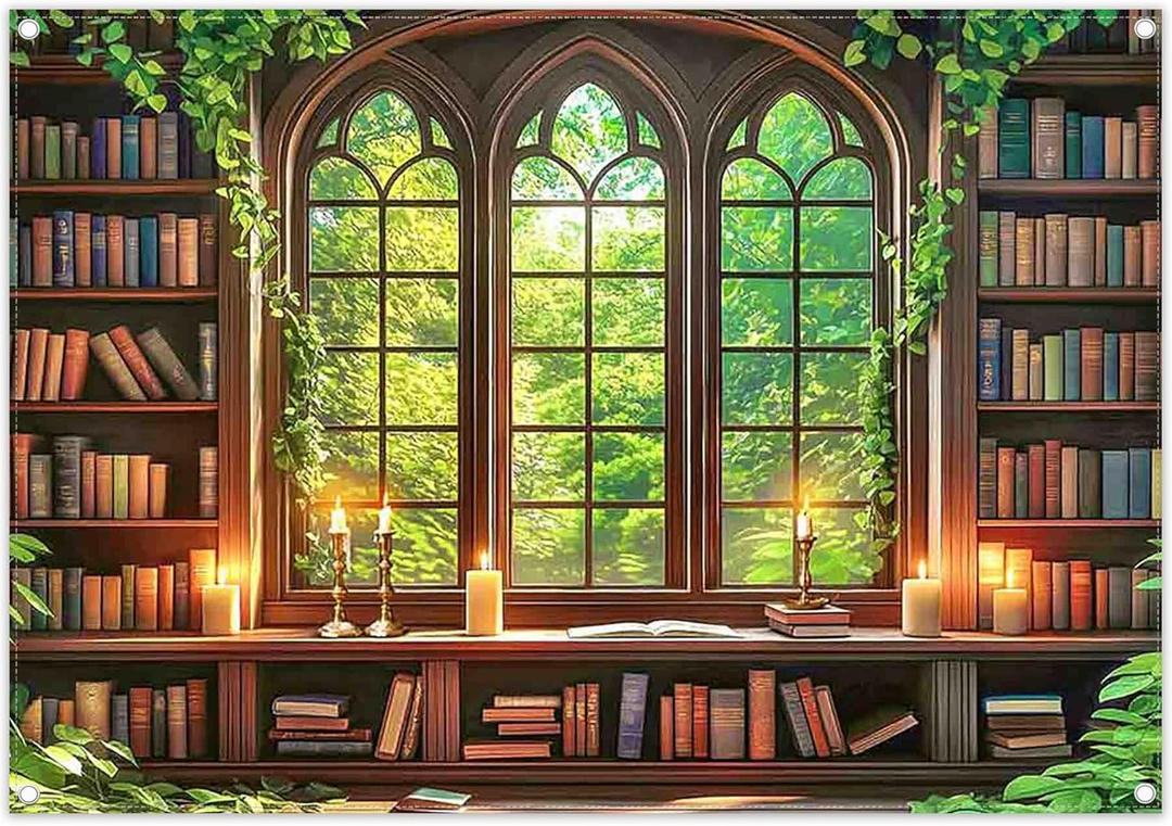 7x5ft Fabric Vintage Wooden Bookshelf Backdrop Retro Library Window Green Forest Candle Photography Background Indoor School Decorations Photo Booth Props