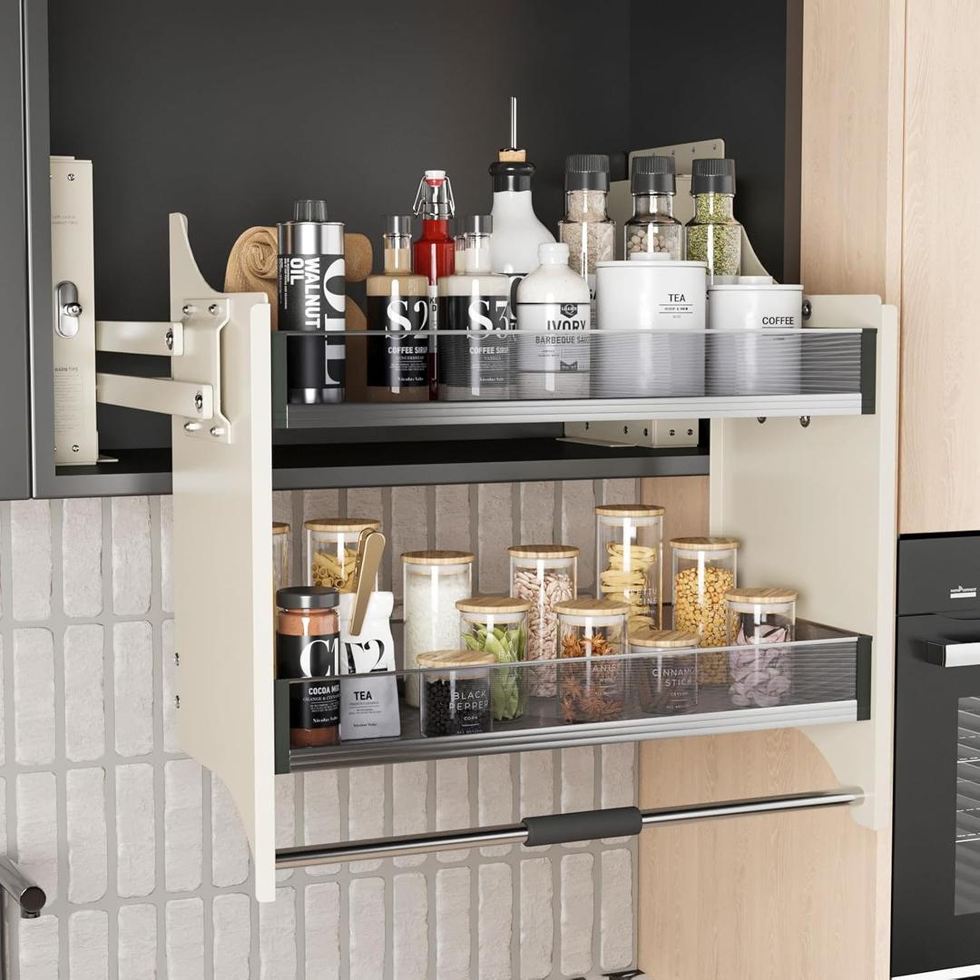 Pull Down Heavy Duty Shelf Organizer for Kitchen Upper Cabinet, 2-Tier Pull Down Cabinet Organizer, Adjustable Width of 33.8-35.8 Inch, White