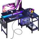 DUMOS Gaming Desk, Computer Desk with USB Charging Ports, Power Outlets, Type-C and LED Lights, Reversible L Shaped Desk with Storage Shelves & Monitor Stand for Office, Gaming Room Black 40IN