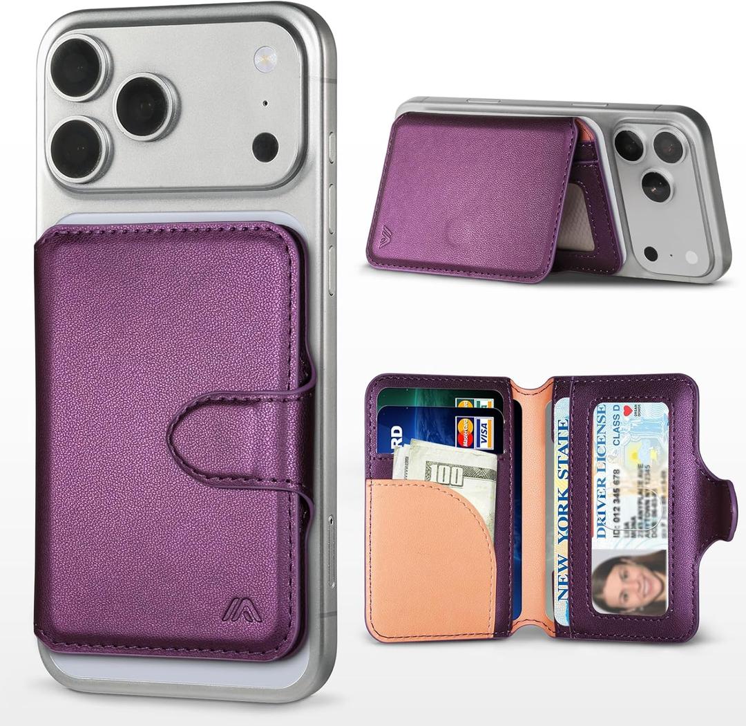 for MagSafe Wallet, Magnetic Phone Wallet RFID Blocking, Slim 5-8 Card Holder with Cash Slot & Clear ID Window, Minimalist Mag Safe Wallets for iPhone 17/16/15/14/13/12 Series, Amethyst Purple