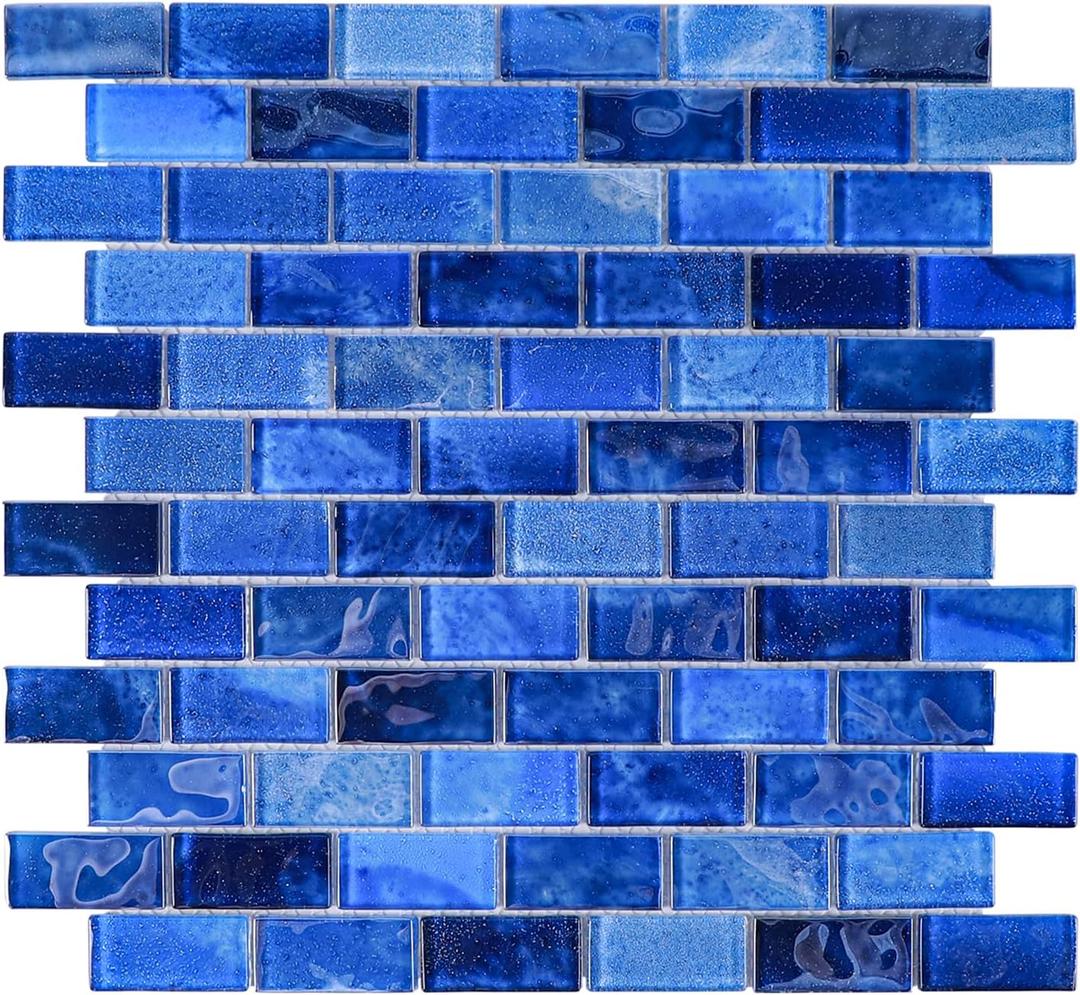 Glass Backsplash Linear Mosaic Wall Tiles, 5-Sheet Glass Tiles for Kitchen Bathroom Swimming Pool Shower Tiles (Dark Blue, 4.8 SQ.FT)