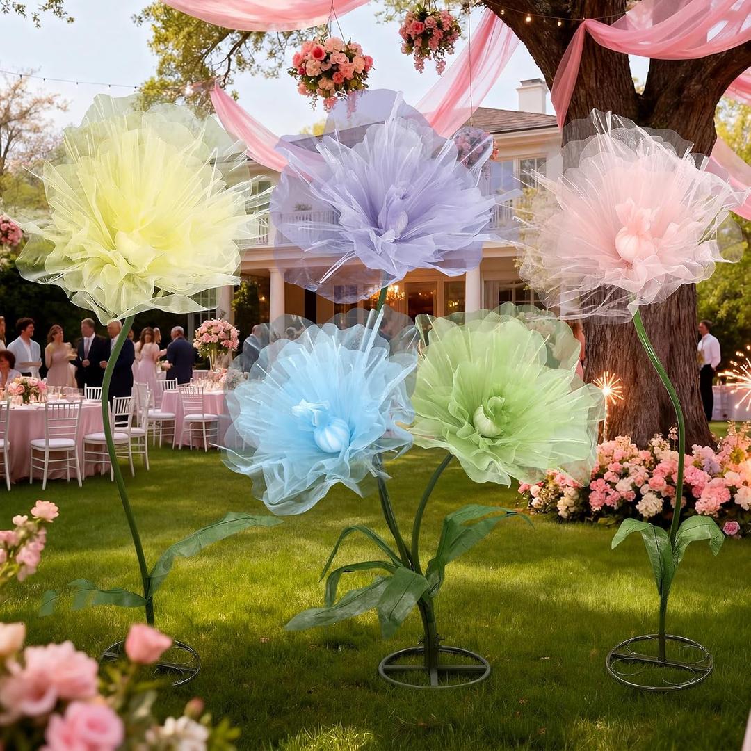 Leinuosen Multicolor 5 Pcs 8ft Giant Organza Flowers Decoration with Stand Flexible Flowers Stems for Spring Tea Bridal Shower Wedding Birthday Party Entrance Photography Booth Indoor Outdoor