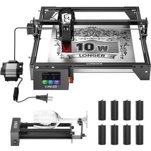 Longer RAY5 10W Laser Engraver with Air Assist Kit, Rotary Roller kit, and 8 Pcs Raiser, High Precision Laser Cutter and Engraver for Wood, Metal, Acrylic, Cylindrical Objects, Tumblers
