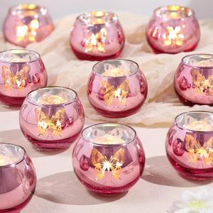 12 Pcs Pink Votive Candle Holders Set Butterfly Candle Holders Butterfly centerpieces for Tables Tea Lights Candle Holder Bulk for Wedding Birthday Anniversary Parties Holiday Decorations