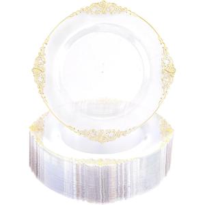 Morejoy 100 Pieces Gold Plastic Plates - Clear Gold Disposable Plates - 10.25inch Clear Plastic Dinner Plates With Gold Rim for Weddings & Parties & Shower