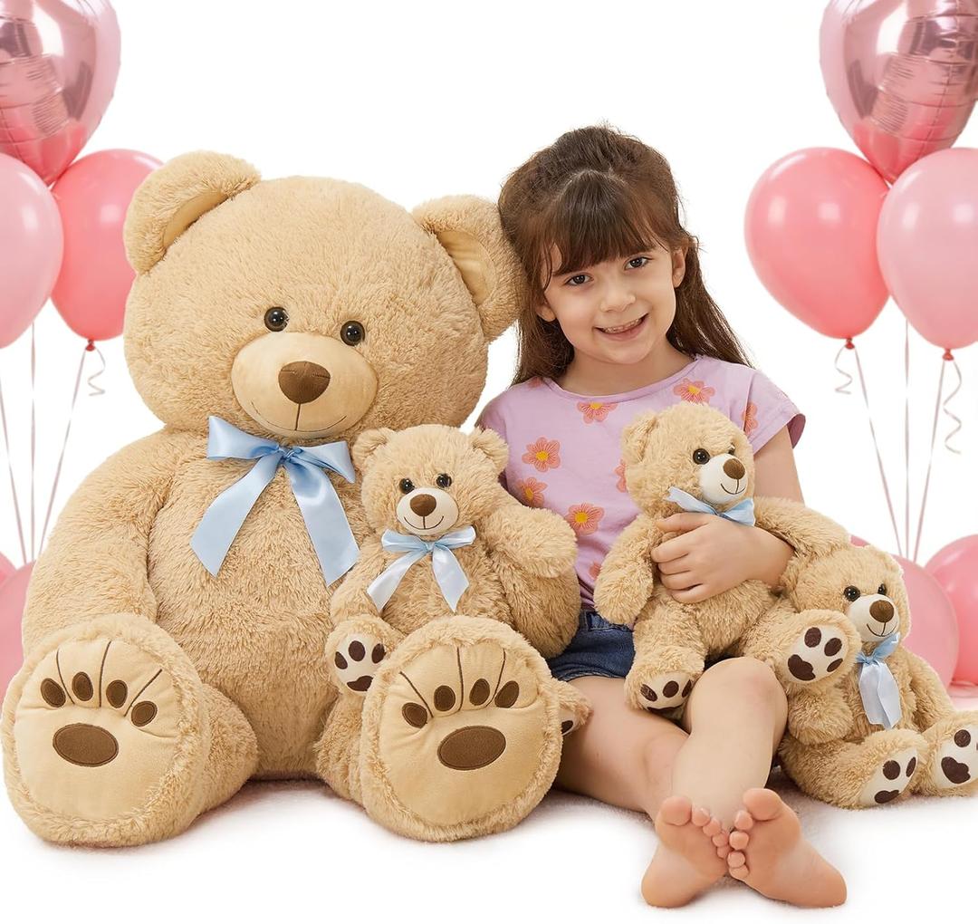 MorisMos Giant Teddy Bear Stuffed Animal with Baby Bears, 35.4'' Big Mommy Stuffed Bear, 3 Small Bulk Teddy Bear Stuffed Animals for Baby Shower Birthday, 4-Pack Brown Bear Toys for Kids Mom Girlfriends