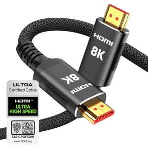 Snowkids 8K Certified HDMI 2.1 Cable 10 ft, Non-Slip Nylon Braided, 48Gbps Ultra High-Speed HDMI Cables Cord, 10K 8K@60Hz, 4K@120Hz Compatible for TV/PS-5/X-box/Projector/Sound System & More (Black)