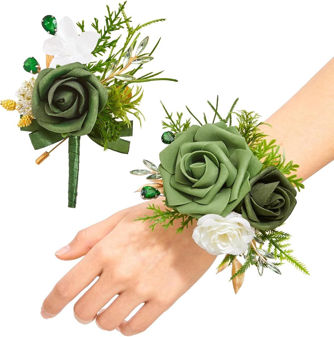 Serwalin Green Wrist Corsage and Boutonniere Set Wedding Prom Flowers | Silk Flowers Corsage Wristlet Band Bracelet, Boutonniere for Homecoming Party Anniversary Formal Dance Suit Dress Accessories