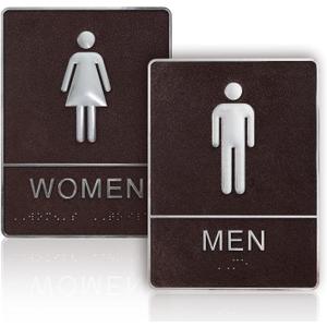 Men and Women Restroom Sign with Braille, 2pcs Restroom Sign for Business Bathroom Signs with Double Sided Tape for Business Company Home Hotel Shopping Mall (Brown)