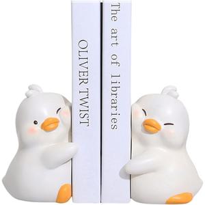 Cute Hug Ducks Decorative Bookends, Unique Book Ends to Hold Books Creative Resin Book Holder Stopper for Home Office Desk Bookshelf Decoration (White)