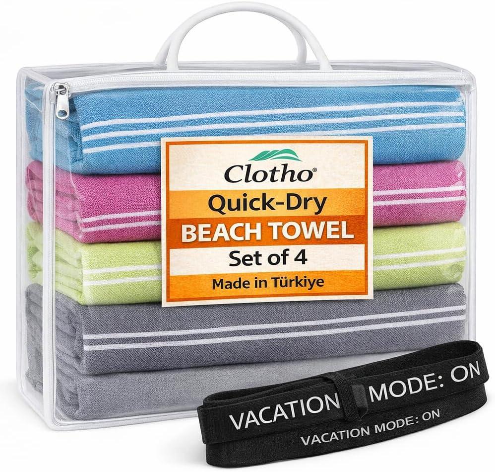 Clotho Turkish Beach Towel Set of 4 100% Turkish Cotton, Oversized & Quick Dry Sand Free Lightweight Travel & Pool Towels with Chair Bands Giftable Clear Carry Case Made in Trkiye