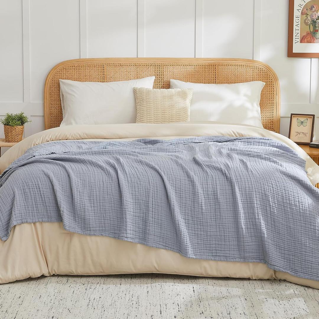 EMME Cotton Muslin Large Throw Blanket Couch Breathable Gauze Blanket Soft Lightweight Bed Blankets Adults (Dusty Blue, 50"x70")