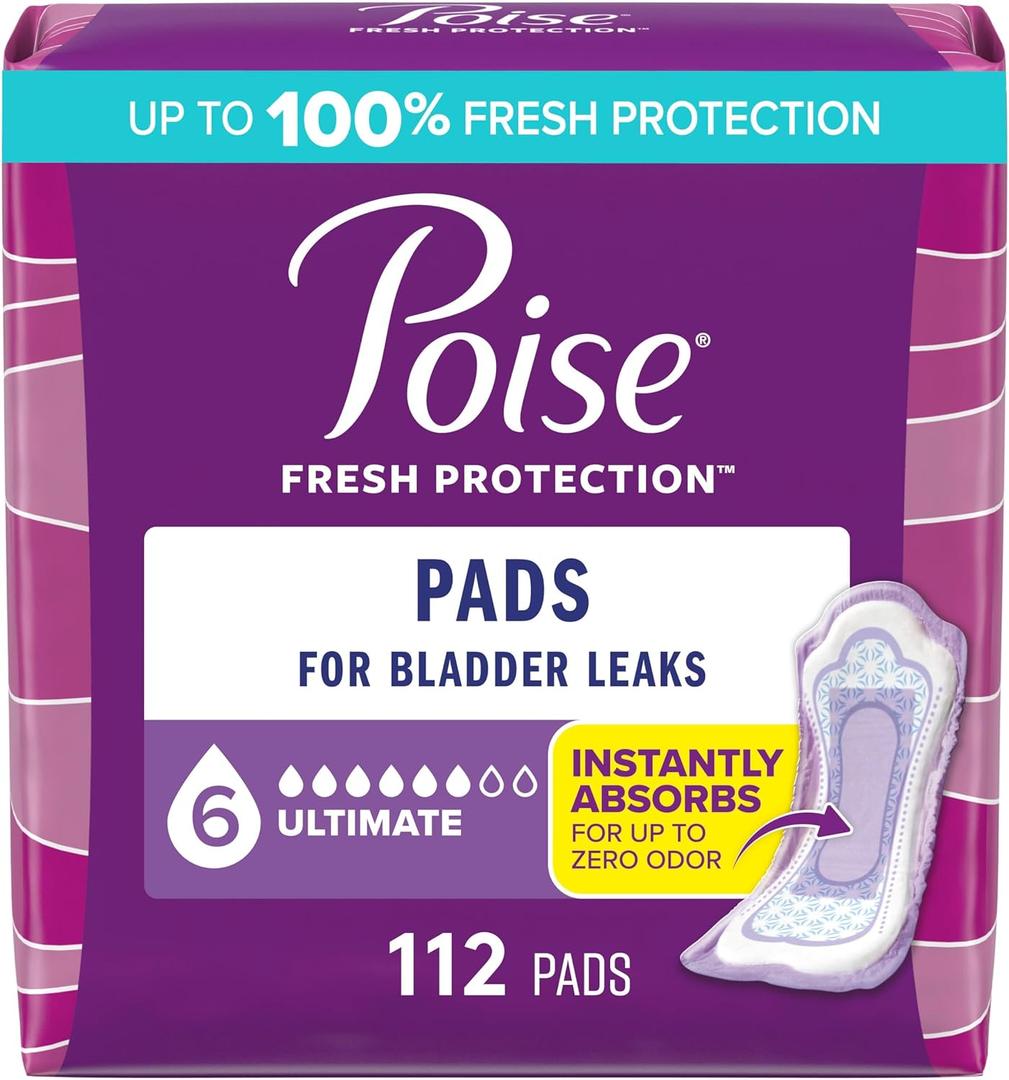 Poise Incontinence & Postpartum Pads for Bladder Leaks, 6 Drop Ultimate Absorbency, Regular Length, 112 Count,