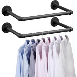 BOSHANGJIA Industrial Pipe Clothes Rack Set of 2, 21” Heavy Duty Wall Mounted Clothing Rack MultiPurpose Garment Bar, SpaceSaving Hanging Rod for Laundry Room,Closet Storage