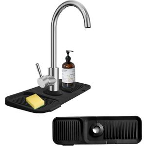 Kitchen Sink Splash Guard Silicone Faucet Handle Drip Catcher Tray Sink Protector for Kitchen Sink Sponge Holder for Kitchen Sink Faucet Mat Fits Faucet Tube within 2.5" (Black, 17.7'')