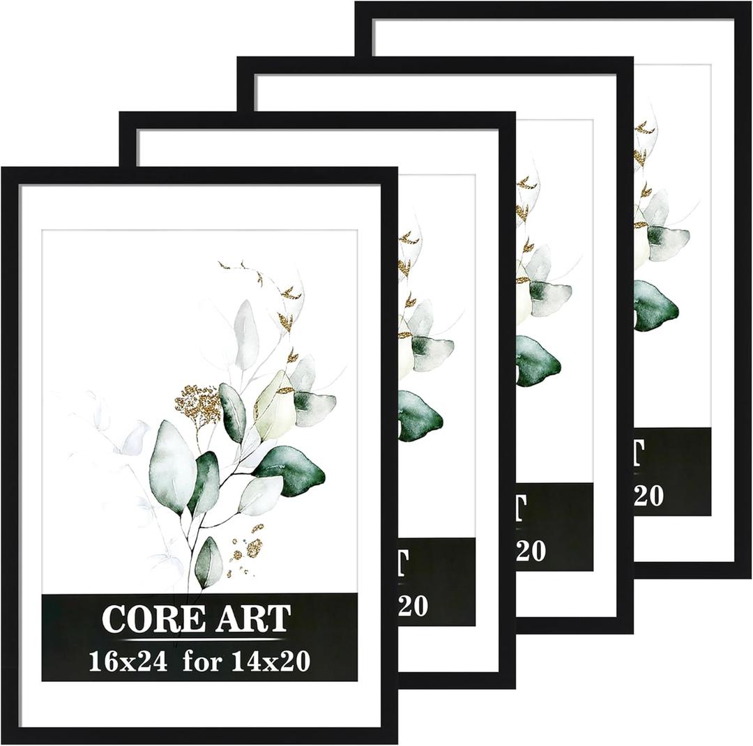 CORE ART 16x24 Frame, Black Picture Frames 14x20 with Mat or 16 x 24 without Mat, Wall Mount Gallery Poster Photo Frame Set of 4