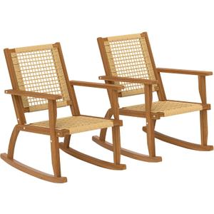 Outsunny Outdoor Rocking Chair Set of 2, Acacia Wood Outdoor Rockers with Armrests, Rattan Wicker Back and Seat, Patio Wooden Rocking Chair Set for Garden, Balcony, Porch, Khaki