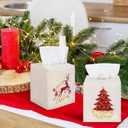 Domensi 2 Pcs Christmas Linen Tissue Box Cover 5.5 x 4.75 x 4.75 Inches Christmas Tree and Elk Tissue Box Holder Holiday Square Home Decor Xmas Embroidered Gifts for Bathroom Bedroom Living Room
