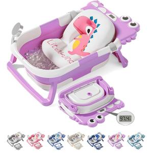 TPN Collapsible Baby Bathtub, Baby Bath Tub with Soft Cushion & Real-Time Thermometer, Baby Bathtub Infant to Toddler Tub (0-36 Months), Portable Newborn Travel Bath tub (Lavender)