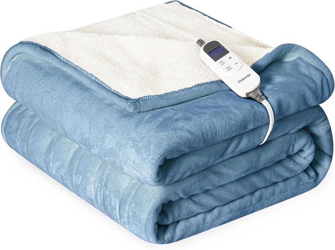 Heat Blanket 50x60 Throw,Soft Flannel & Sherpa Reversible Electric Blanket with 10 Heat Settings,12 Timer Setting and 3 Hours Auto-Shut Off,ETL Certified Machine Washable,Light Blue