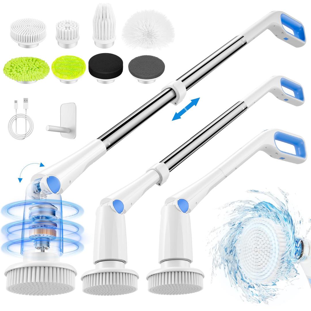 Electric Spin Scrubber,Cordless Shower Cleaning Brush with 7 Replaceable Heads,Detachable Long Handle for Bathroom, Floor, Tile, Kitchen,Ideal Gift for Elders