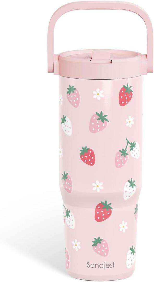 SANDJEST Strawberry Stainless Steel Straw Lid Tumbler 30oz with Carry Handle for Women Girls, Insulated Travel Coffee Cup, Gift for Sports Workout Christmas Birthday