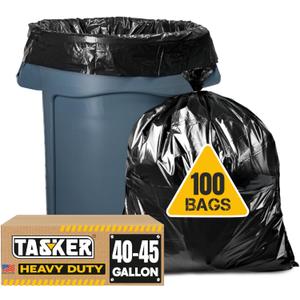 Tasker 44-45 Gallon Trash Bags Heavy Duty, (Value 100 Bags w/Ties) Extra Large Black Trash Bags - 39 Gallon - 40 Gallon - 42 Gallon - 45 Gallon - Large Black Garbage Bags Heavy Duty (100 Count (Pack of 1))