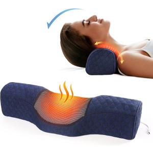 Neck Roll Pillows for Pain Relief Sleeping, Heated Memory Foam Cervical Neck Support Pillow for Bed with USB Graphene Heating for Stiff Neck Pain Relief (Dark Blue)