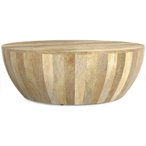 SIMPLIHOME Elmbrook Coffee Table - 34 inch Wide Solid Mango Wood Modern Industrial Round Drum Cocktail Table in Natural, Sculptural Living Room Table with Low Profile Design, Assembled