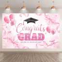 3 x 72x43inch Fabric Congrats Grad Pink Backdrop Watercolor Bow Balloon Graduation Photography Background School Graduate Prom Party Decorations Photo Banner Props