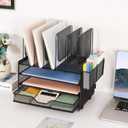 LEKETREE Desk Organizers and Accessories, 3-Tier Paper Organizer with 5 Vertical File Holders, File Organizer for Desk (Black With Drawer, 3T With Drawer)