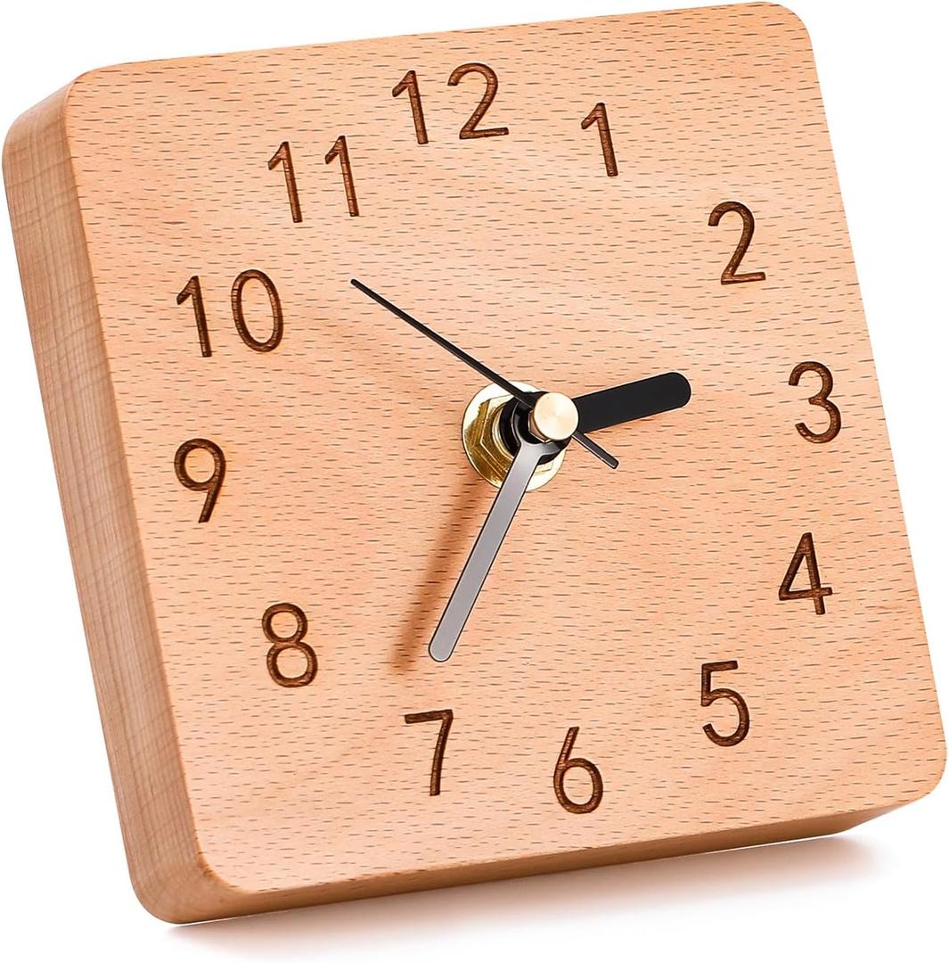 Wooden Table Clock on Stand, Decorative Battery Operated Desk and Shelf Clock, Silent Non-Ticking Desktop Clock for Office, Living Room or Bedroom Decor, Square Shape, Beech Wood