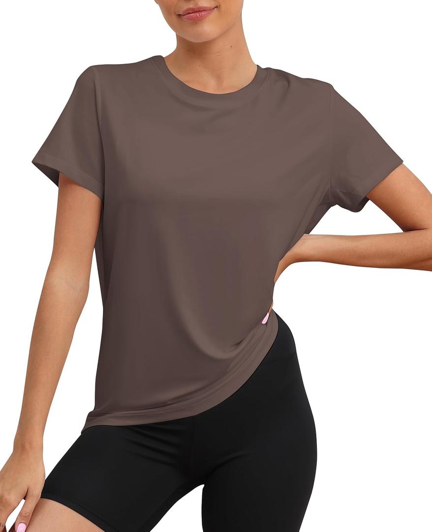 KevaMolly Workout Tops for Women UPF50+ Breathable Loose Fit Yoga T Shirts Short Sleeve Running Gym Athletic Tee Top (Small, Z Dark Brown)