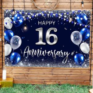 Happy 16th Anniversary Backdrop Banner Decor Navy Blue  Silver Glitter Happy 16 Years Wedding Anniversary Party Theme Decorations for Women Men Supplies (16)