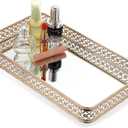 ELLDOO Gold Perfume & Makeup Vanity Tray - Hollow-Carved Jewelry Storage, Glass & Metal Trinket Organizer for Dresser & Bathroom Countertop, Large Size