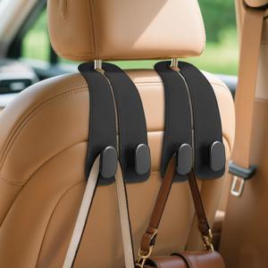 Car Seat Headrest Hooks - 4 Pack Universal Car Purse Hook, Leather Car Bag Purse Holder with Double Metal Hooks for Handbags, Grocery Bags, Bottles, Phones, Black