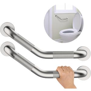 16 Inch Angled Shower Grab Bar, Munzong 2 Pack Anti Slip Satin Brushed Nickel Bathroom Grab Bar, Knurled Bathroom Balance Bar,Safety Hand Rail Support Handicap Elderly Injury Senior Assist Bath Handle