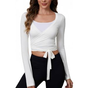 Women's Pilates Wrap Tops V-Neck Cross Tie Long Sleeve Shirt for Ballet Dance Yoga Workout (White, XS)